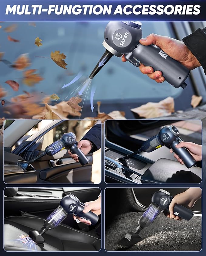Saker 6 in 1 Car Vacuum Cleaner, 20000PA Handheld Vacuum Cordless Rechargeable 7800mAH with Type-C Reverse Charging, Window Breaker and Seatbelt Cutter for Car,Office and Home Cleaning,SW102 Blue Gray