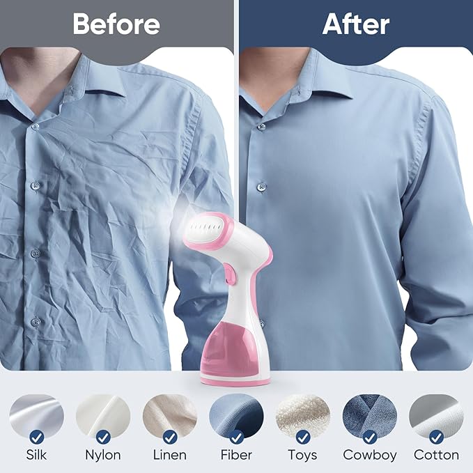 Steamer for Clothes, Kolohoso 1500W Fast Heat Up Handheld Garment Steamer, Portable Travel Clothing Fabric Steamer with Upgraded Nozzle and 260ml Water Tank (PINK)