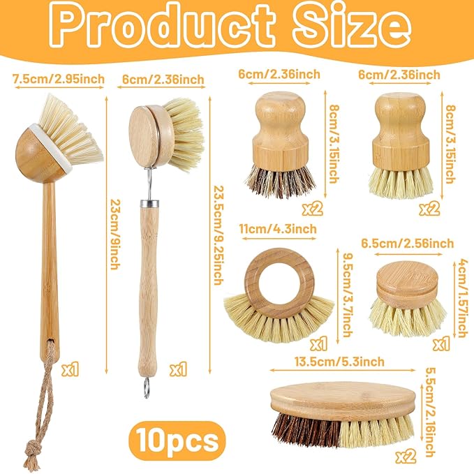 10Pcs Bamboo Dish Brush Set, Kitchen Brushes for Dishes, 7 Style Wooden Dish Brush with Ergonomic Handle, Value Bamboo Scrub Brushs Pack for Pots, Bottles and Vegetables
