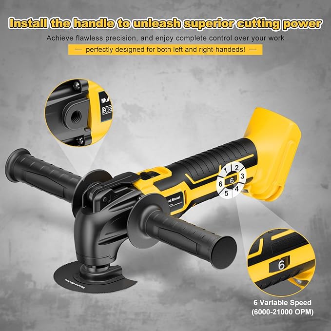 Cordless Oscillating Tool for Dewalt 20V Battery,6 Variable Speed Brushless-Motor Tool,22Pcs Oscillating Multi Tool Kit for Cutting Wood Drywall Nails Remove Grout & Sanding(Tools Only)