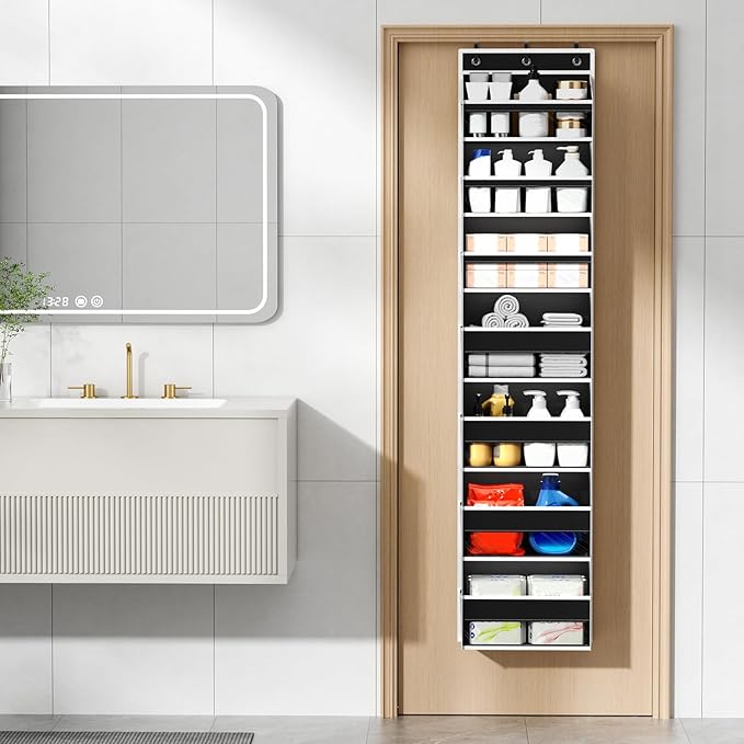 Over The Door Organizer, 7 Tier Door Hanging Organizers with 7 Large Pockets 12 Side Pockets, Behind Door Storage Hanging Shelves for Closet Bathroom Bedroom Nursery