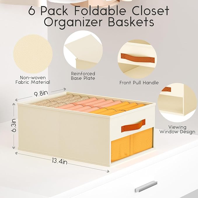 Homsorout Drawer Organizers and Storage - 6 Pack Foldable Pants Organizer with Clear Window & Handles, Fabric Closet Organizer for Clothes, Jeans, Sweaters, Towels, T-shirt, Scarf (Beige)