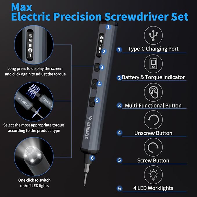 STREBITO Mini Electric Screwdriver Set, 70 in 1 Small Electric Screwdriver - 64 S2 Preicison Bits, 5 Torque Settings, 4 LED Lights, Mini Power Screwdriver Repair Tool Kit for PC Electronic (Upgraded)