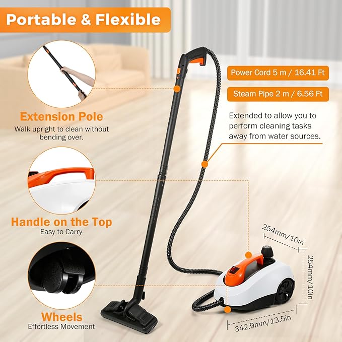 BEAMNOVA Steam Cleaner Electric Household Steamer High Pressure Multipurpose Rolling Cleaning Machine for Carpet Upholstery Floor Car Detailing Home Inside Water Container with Roller, White