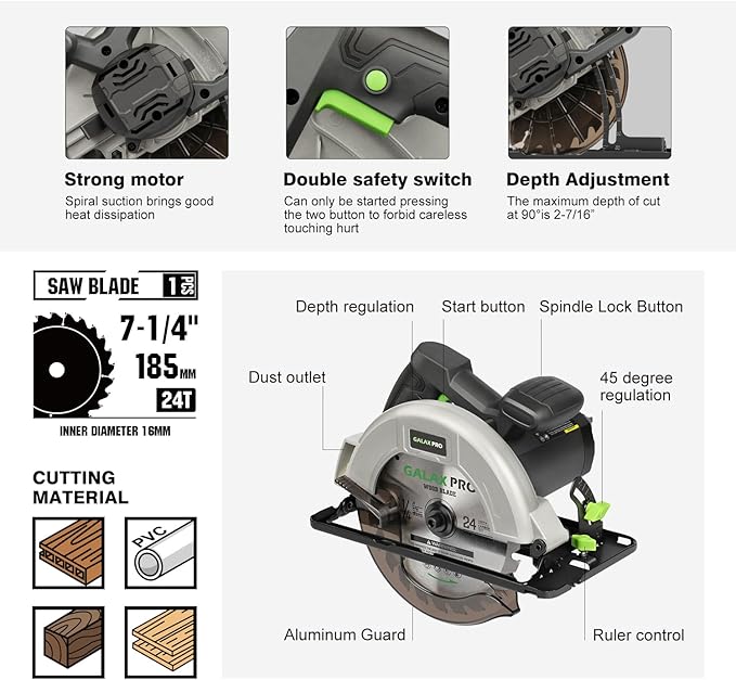 GALAX PRO 11 Amp Power Circular Saw, 6000RPM Corded Circular Saw with Adjustable Cutting Depth 2-1/2" (90°) to 1-7/8" (45°), 7-1/4 Inch Carpentry Saw Blade, Ideal for Wood, Plastic Cuts