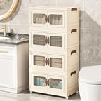 Stackable Storage Bins, Folding Storage Bins with Lids and Doors, Open Front Folding Storage Box with Wheels Plastic Storage Containers (4 Tier (Side Windows Not Visible), 55 Qt)