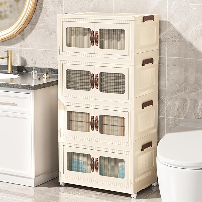 Stackable Storage Bins, Folding Storage Bins with Lids and Doors, Open Front Folding Storage Box with Wheels Plastic Storage Containers (4 Tier (Side Windows Not Visible), 55 Qt)