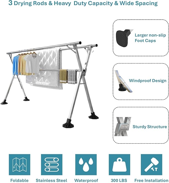 95 Inches Clothes Drying Rack Clothing Windproof Design, Heavy Duty Stainless Steel Laundry Drying Rack Folding Indoor Outdoor, Foldable Portable Clothing Racks for Hanging Clothes, 20 Hooks 12 Clips