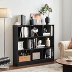 YAHARBO Black Wide Bookshelf,3 Tier Modern Horizontal Bookcase,Wood Low Bookshelves Display Storage Cabinet with Base,Floor Standing 10 Cube Large Bookcases Organizer for Bedroom,Living Room,Office