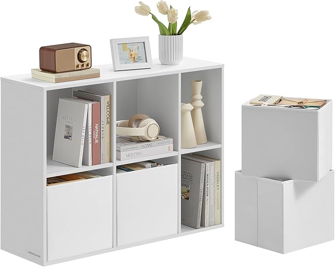 SONGMICS HOME Bookshelf, Superfast Toolless Assembly, Cube Storage Organizer with 6 Compartments, Bookcase, 4 Fabric Drawers, 10.6 x 32.7 x 24.3 Inches, Snow White ULBC196W01