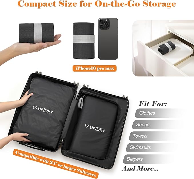 WiseBoy 2 Pack Laundry Bags, Washable Wet Dry Bag, Travel Laundry Bag Dirty Clothes Organizer, Swimming Yoga Bathing Suit Workout Wet Dry Bag - Black