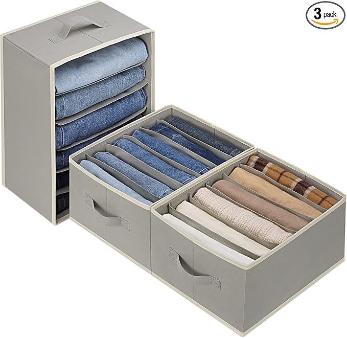 3 Pcs Large Size Wardrobe Clothes Organizers 6 Grids for Pants, Jeans, Sweater, T-shirt, Thin Coat, Dress Stackable Closet Drawer Organizer Storage Bin Container with Sturdy Handles, Grey