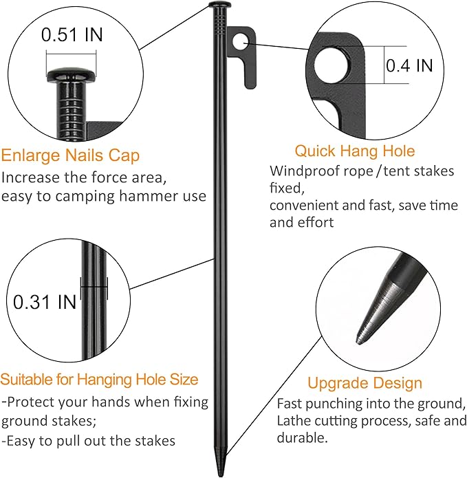12 Pack Tent Stakes Heavy Duty Metal Tent Pegs for Camping Steel Tent Stakes 8 inch Unbreakable and Inflexible