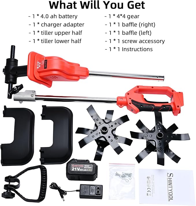 Brushless Cordless Tiller for Gardening,400 RPM Cultivators for Gardening Has Battery Capacity Display with 4.0 Ah Battery, Rototiller 11 in Tilling Width, 6 in Depth by SHINTYOOL