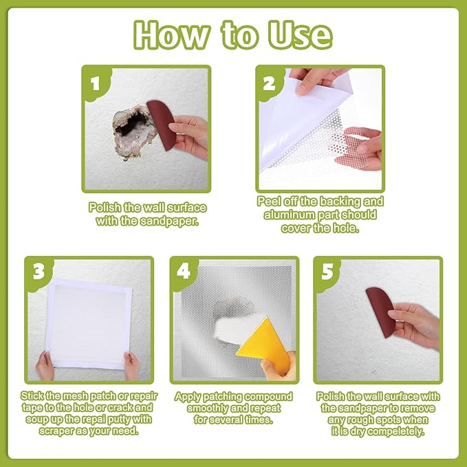 SHENLIU 12 X 12 Inch Drywall Repair Kit, Heavy Duty Self-Adhesive Mesh Drywall Patch for Large Holes, Wall Patch Repair Kit for Walls Ceiling Mesh Dry Wall Patche Kits with Scraper Sandpaper(Repair 8)