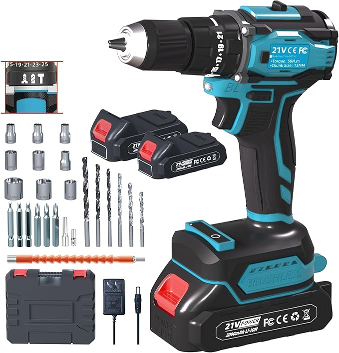 21V Cordless Power Drill/Driver Set, 80Nm Max Torque with 2 Batteries & Charger, 1/2 Inch Keyless Chuck, 3 Modes & 25 Position Torque Adjustment, 29Pcs Accessories for Home Use