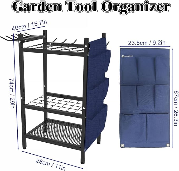 3-Tier Garden Tool Organizer Rack, Heavy Duty Metal Yard Tool Stand for Garage, Shed, Outdoor, Holds Up to 50 Long-Handled Tools, Rakes, Brooms, Shovels