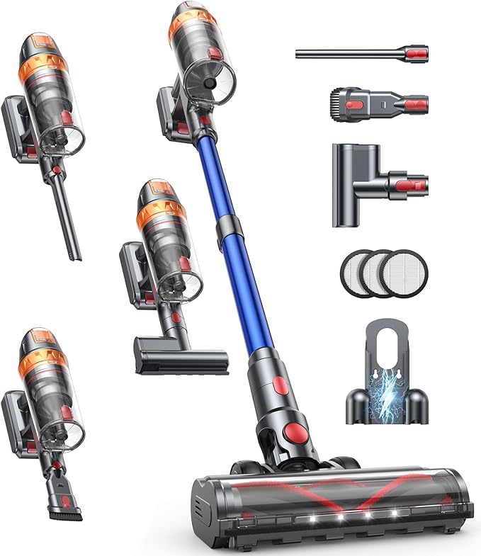Cordless Vacuum Cleaner, 600W with Extra Mattress Cleaning Tool, 45KPA Stick Vacuum Cleaners for Home 60 Mins Runtime, Self-Standing, Wall Mount Charging, Rechargeable Vacuum for Floor Carpet Pet Hair