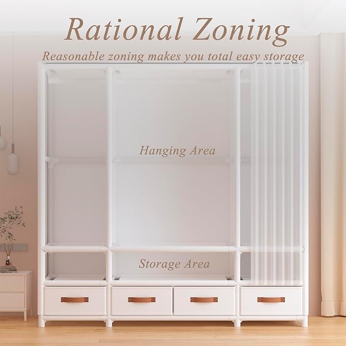 Portable Closet,Portable Closets for Hanging Clothes,Japanese Style Wardrobe Clothing Rack with 3 Drawers,1 Hanging Rods and 2 Storage Shelves,43.3" L x 17.7" W x 65.1" H,White