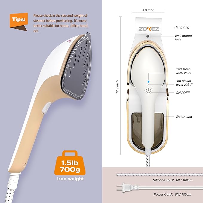 Handheld Steamer for Clothes, 1500W Extra Large Soleplate, 330ml Detachable Tank, 2-in-1 Horizontal & Vertical Use, Fabric Wrinkles Remover, No Water Leak and Auto-Off