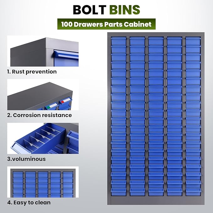 100-Drawer Grey Parts Cabinet, ABS Material Nuts Bolts Screw Nail Bins Tool Storage Cabinet Screw Drawer Organizer, Heavy-Duty Industrial Parts Cabinet for Workshop, Office, Hardware (100 Drawers)