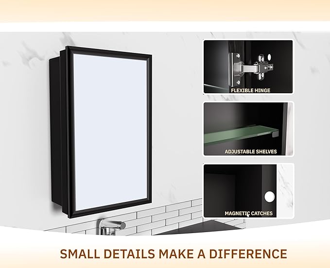 Bathroom Medicine Cabinet with Mirror, Recess or Surface Mount, Single Door Cabinet Famerhouse Bathroom Mirror with Storage Cabinet (Brush Black, 16"x26")