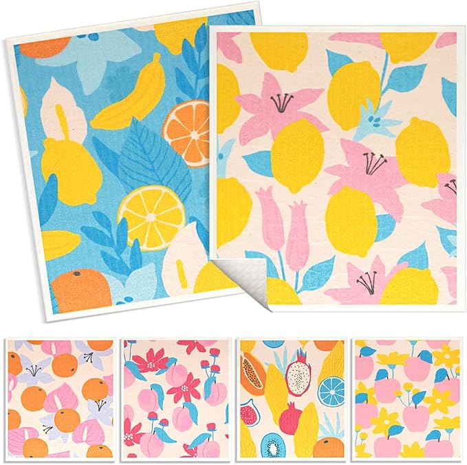6 - Pack Swedish Kitchen Dish Cloths - Reusable Paper Towels for Counters & Dishes - Eco Friendly Cellulose Sponge Cloth - Assorted (Fruit Plants)