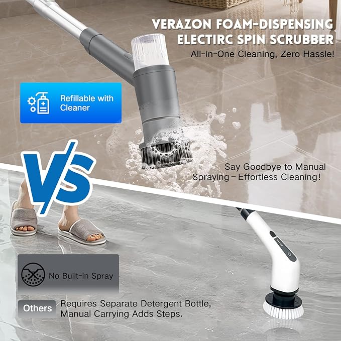 Electric Spin Scrubber,Spray with Foam Cordless Cleaning Brush, 2-Speed Shower Scrubber, Shower Cleaning Brush with 8 Replaceable Brush Heads, Adjustable Removable Handle for Bathroom, Kitchen（Gray