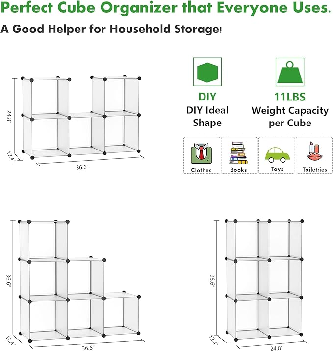 C&AHOME Cube Storage Organizer, 6-Cube Shelves Units, Closet Cabinet, DIY Plastic Modular Book Shelf, Ideal for Bedroom, Living Room, Office, 36.6" L x 12.4" W x 36.6" H Translucent White SBTM3506A