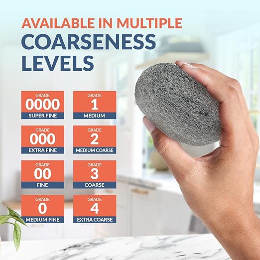 PAMI Pack of 8 Stainless Steel Fiber Sponge Scrubbers - Reusable Non-Scratch Steel Wool Pads (#0000 Oooo to #4) for Kitchen & Bathroom Cleaning