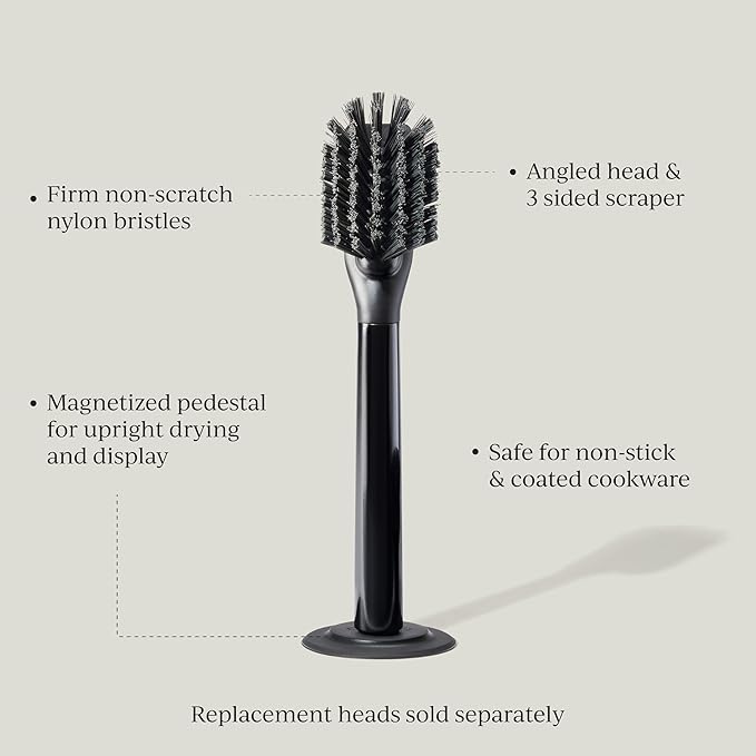 Ionic Dish Brush, Magnetized to Stand Upright, Stainless Steel with Replaceable Head, Onyx/Black