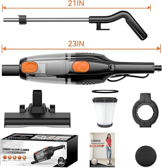 Corded Stick Vacuum Cleaner, 20000pa Powerful Suction Stick Vacuum with 16Ft Cord, 2 in 1 Lightweight Vacuum Cleaner for Hard Floor Pet Hair - Orange