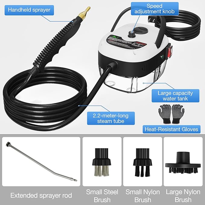 Handheld Steam Cleaner, 2500W Hand-Held High Pressure Portable Cleaning Machine with 3 Brush, High Temperature Steamer for Home Use, Kitchen, Furniture, Bathroom, Car (White)