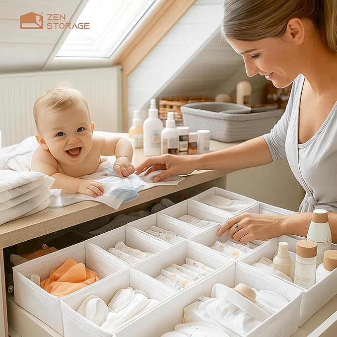 Sturdy Drawer Organizers (24-Pack) - Fabric Dresser Drawer Organizers & Dividers for Nursery Organization, Baby Organizers and Storage for Clothes, Socks & Underwear, White