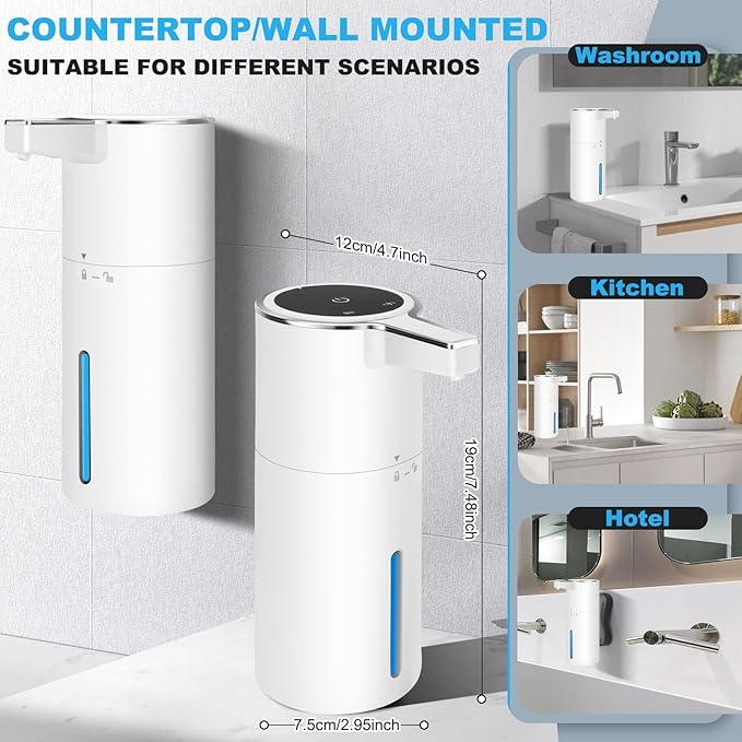 Automatic Soap Dispenser Liquid for Bathroom: 14 OZ Wall Touchless - Plastic White 4-Level Adjustable Modern Auto Electric Soap Dispenser - Kitchen Hand Dish Lotion Kids Family
