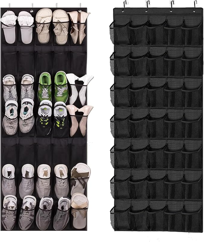 Over The Door Shoe Organizer, 35 Mesh Pockets Shoe Rack for Closet, Entryway, Bathroom, Heavy-Duty Hanging Storage for Sneakers, Heels, Flip Flops & More (Black)