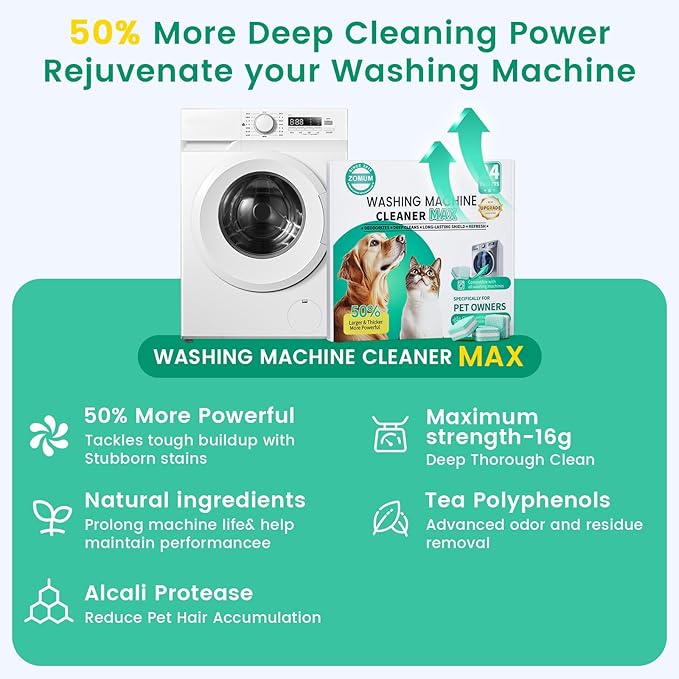 Upgrade Washing Machine Cleaner Tablets - 50% Stronger Formula: 24 Pack - 12 Month Supply, Specially for Pet Owners to Easy Pet Hair Remover for Laundry, Compatible with HE, Top & Front Load