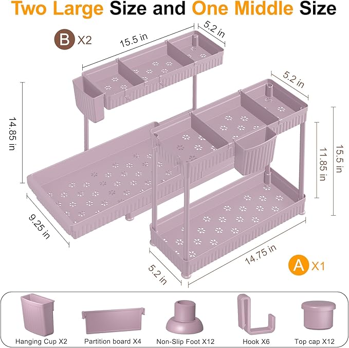 3 Pack Multi-Purpose Under Sink Organizers and Storage, 2025 L-Shaped Pull Out Cabinet Organizer for Bathroom & Kitchen, Under Cabinet Organizer with Hooks Hanging Cup, Pink, Elevated