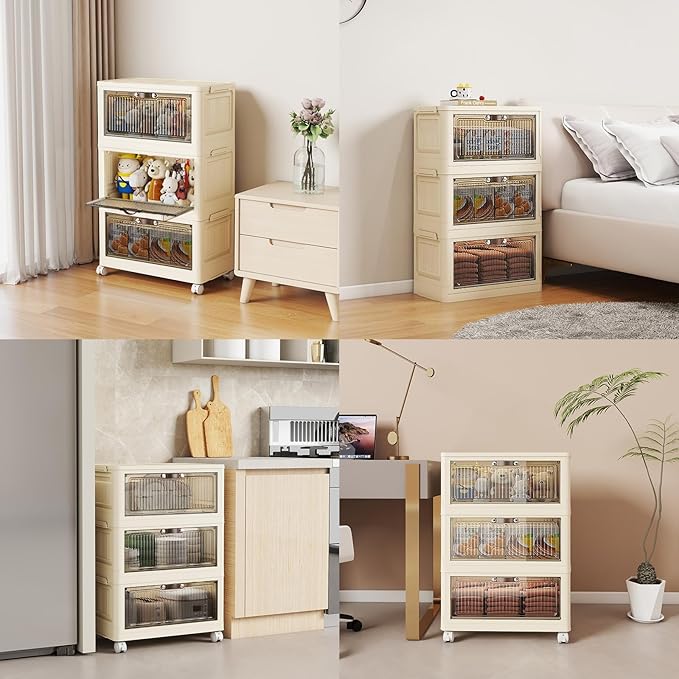 3 Tier - 48QT Storage Bins with Lids, Collapsible Storage Bins with Doors and Wheels, Plastic Storage Cabinet for Easy Storage and Organization for Living Room, Office