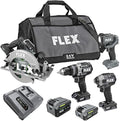 FLEX 24V Brushless Cordless 4-Tool Combo Kit: Hammer Drill, Hex Impact Driver, Circular Saw, Work Light with 3.5Ah, 6.0Ah Stacked Lithium Batteries and 280W Rapid Charger - FXM403-2G