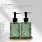 Glass Hand and Dish Soap Dispenser Set of 2 with Plastic Pumps, Bamboo Tray, 12oz Green Bathroom Soap Dispenser with Diamond for Hand Wash & Dish Wash, Ideal for Bathroom Kitchen Countertop