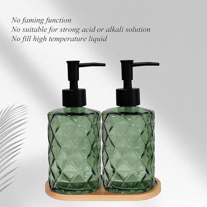 Glass Hand and Dish Soap Dispenser Set of 2 with Plastic Pumps, Bamboo Tray, 12oz Green Bathroom Soap Dispenser with Diamond for Hand Wash & Dish Wash, Ideal for Bathroom Kitchen Countertop