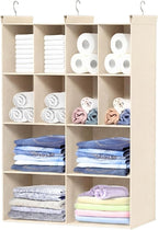 Ofiray-home 4 Tier Hanging Closet Organizer, 12 Compartments Sweater Organizer for Closet with 3 Sturdy Hooks, Closet Organizers and Storage, Wardrobe, Rv, Garment Rack, Beige