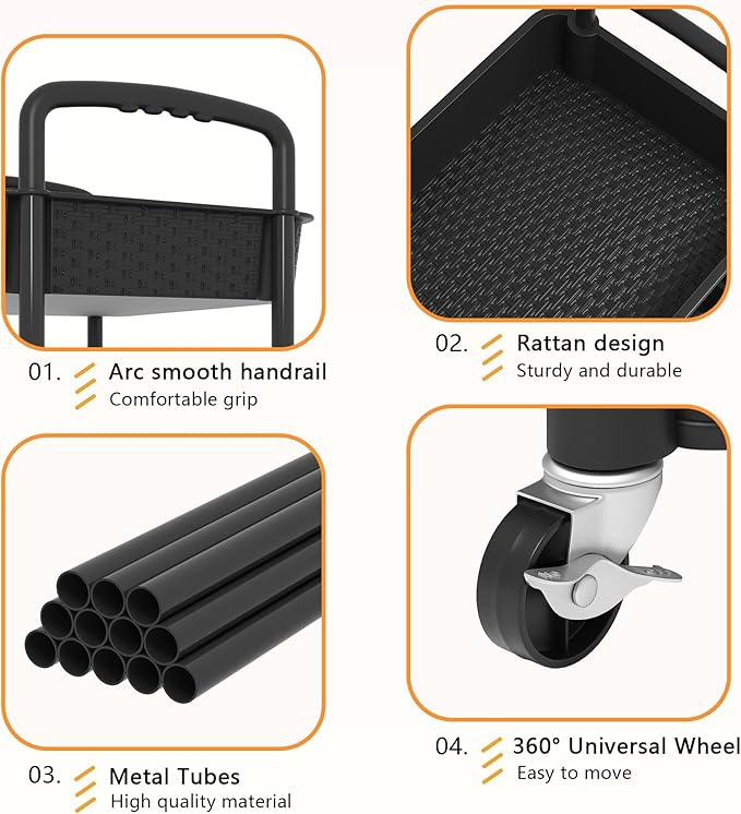 MOYIPIN 3-Tier Plastic Rolling Utility Cart with Handle,Utility Storage Cart for Office, Living Room, Kitchen,Movable Storage Organizer Shelves,Black