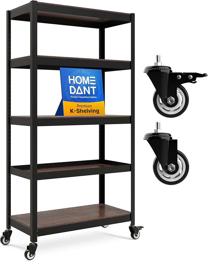 HOMEDANT House 5-Tier Metal Rolling Cart Shelf Rack Casters Heavy Duty Laminated Wheel Shelving Unit Adjustable Utility Storage Shelves Organizer Shelf Kitchen Garage 36.2" W x 16.5" D x 69.5" H 1Pack