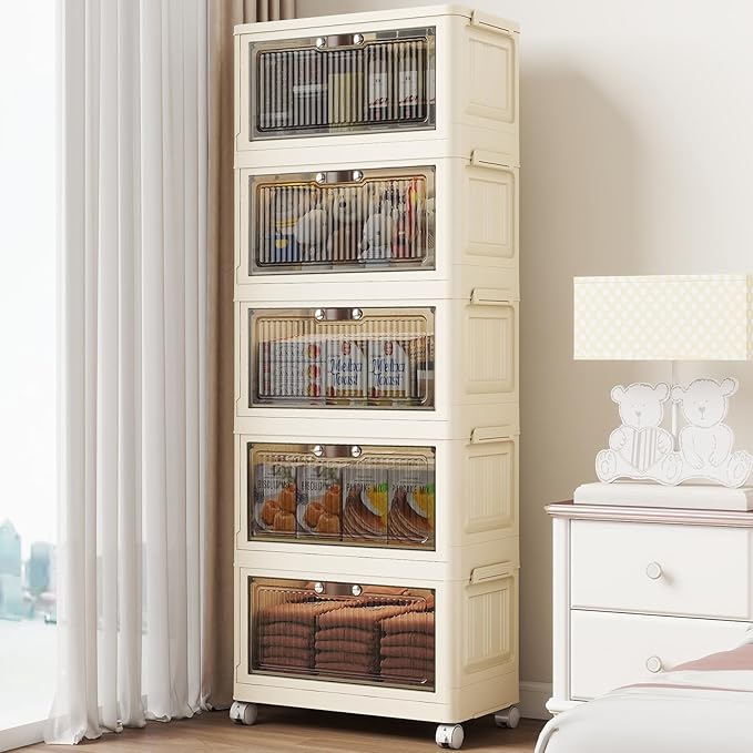 5 Tier - 34QT Storage Bins with Lids, Collapsible Storage Bins with Doors and Wheels, Plastic Storage Cabinet for Easy Storage and Organization for Living Room, Office