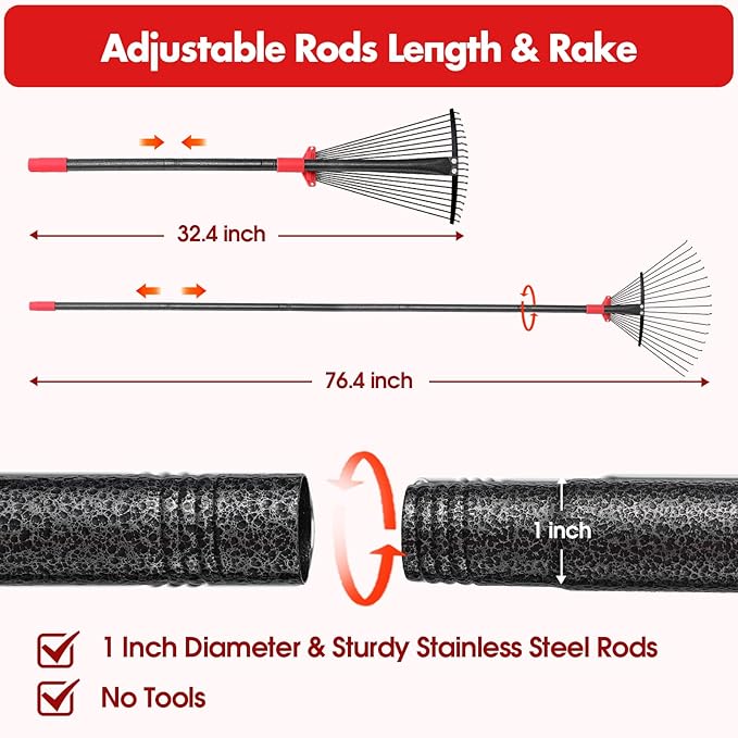 BsBsBest 61 Inch Rake for Leaves with 18 Metal Tines 10-18" Expandable Head Rakes Adjustable Handle for Lawn Leaf Rake Yard Tools for Collecting Leaves, Grass Clippings, Garbage