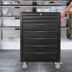 Tool Chest Cabinet, Large Capacity Metal Tool Box with Wheels and Cylinder Locking, Roll Around Storage Organizer Tool Cart for Garage, Redtool cabinets on Wheels (Black, 7-Drawer-Wheel)