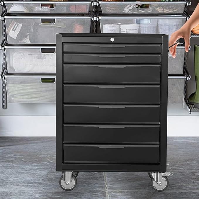 Tool Chest Cabinet, Large Capacity Metal Tool Box with Wheels and Cylinder Locking, Roll Around Storage Organizer Tool Cart for Garage, Redtool cabinets on Wheels (Black, 7-Drawer-Wheel)