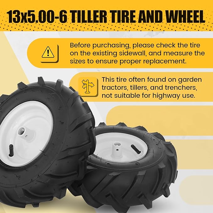 MZREXN 13x5.00-6" Tiller Tire and Wheel 2 Pack, 3/4" Axle Size, 3-1/8" Offset Hub, 4Ply Pneumatic, Compatible with Garden Trailer, Lug Tractor & Trencher, Tillers, and Lawn Mover Replacement Tire